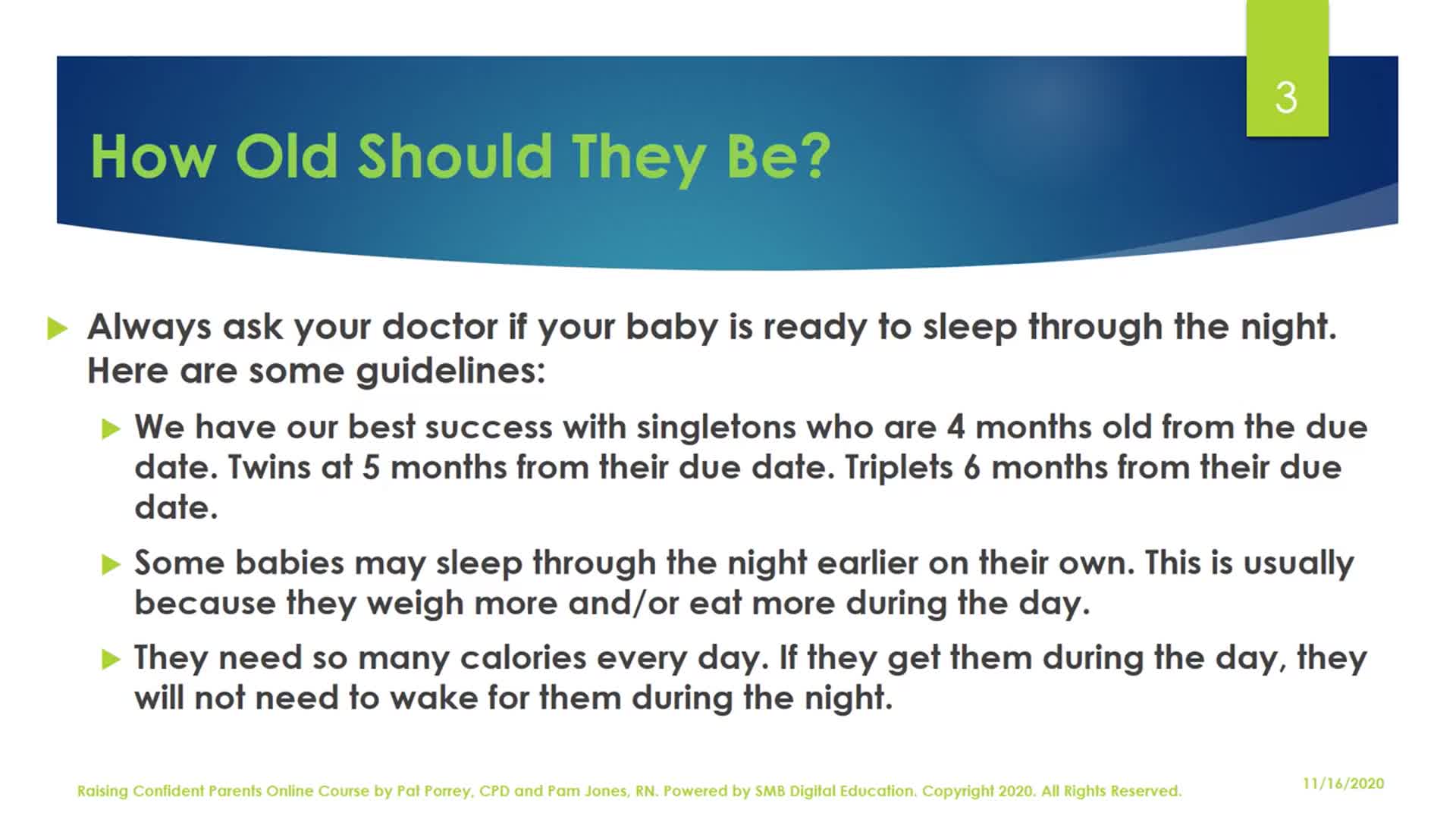How Do I Know When My Baby is Ready to Sleep Through the Night?: Pregnancy 2 Parenting M7L3 Thumbnail